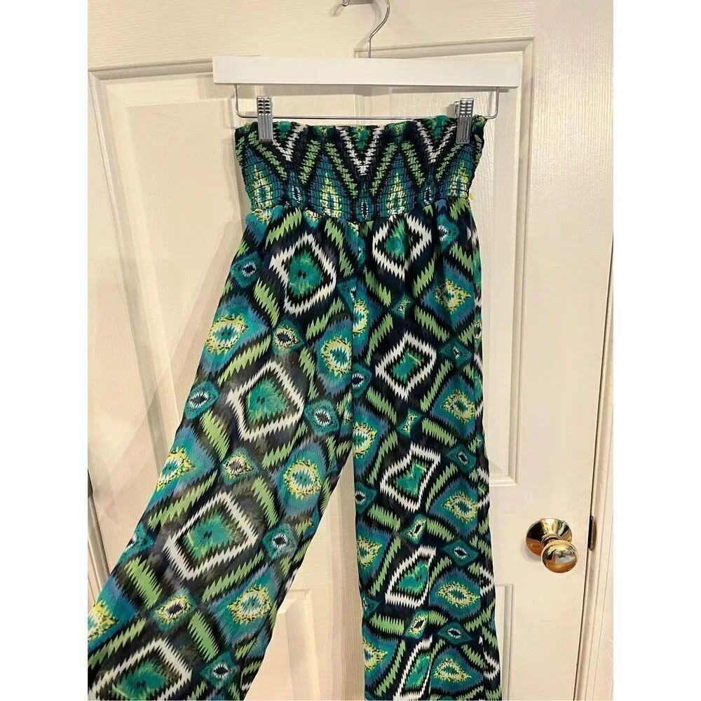 Show Me Your MuMu Green & Blue Sheer Wide Elastic Pull On Pants sz L EUC